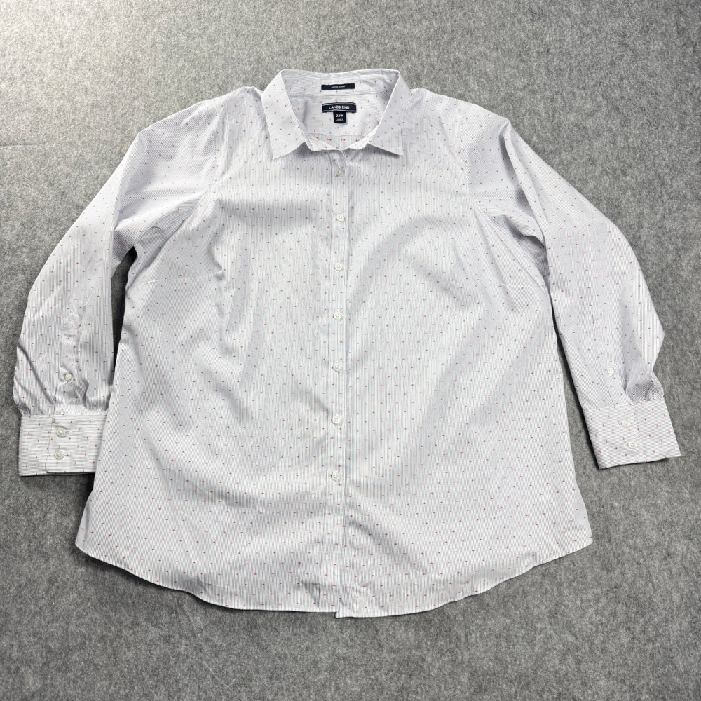 Lands End Womens Shirt 22W Blue Stripe Red Dot Button Down No Iron Supima Cotton